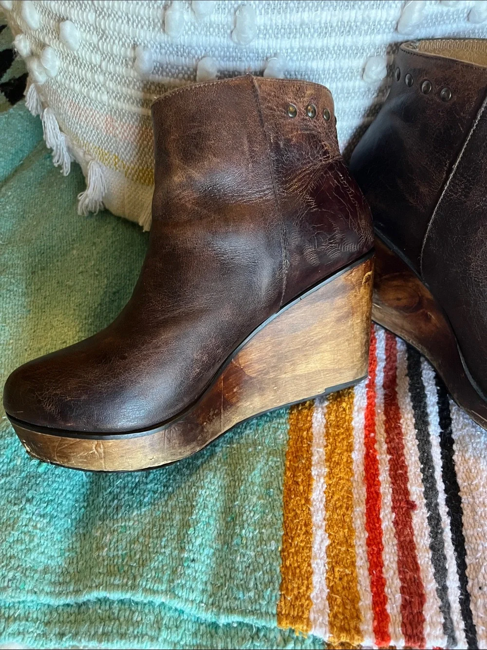Bed Stu Brown Leather Studded Wedge Ankle Boots